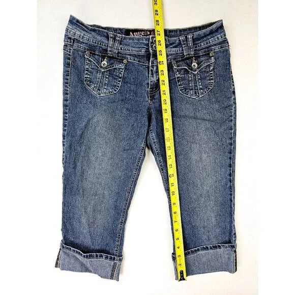 Angels Jeans Size 13 Juniors Women's Blue Cropped Capri Ramie Blend Logo Denim - Picture 11 of 11